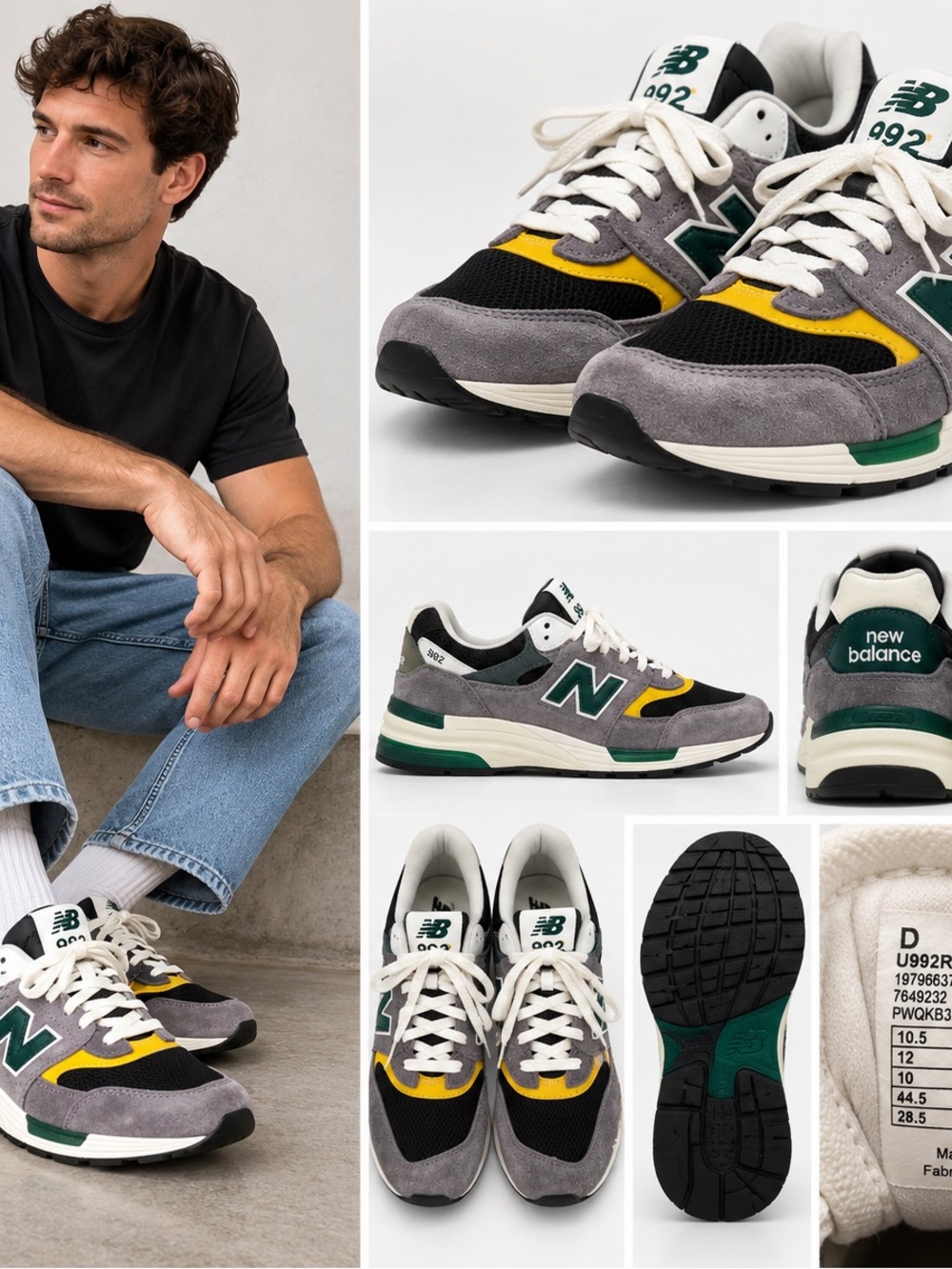 New Balance Men's Sneakers in Grey, Black & Green with Yellow Accents